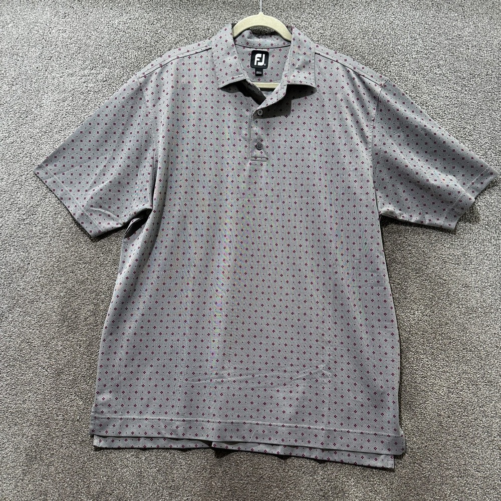 FootJoy Polo Shirt Men XL Gray Burgundy Geometric Diamond Print Golf Performance